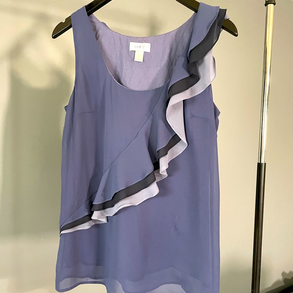 Loft Blue Ruffle Chiffon Tank Size Sm